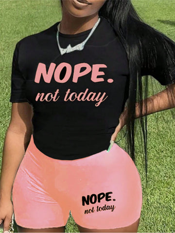 Women's Summer Slim Fit 2pcs/Set Letter Printed Round Neck Short Sleeve T-Shirt And Shorts