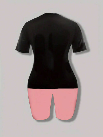 Women's Summer Slim Fit 2pcs/Set Letter Printed Round Neck Short Sleeve T-Shirt And Shorts