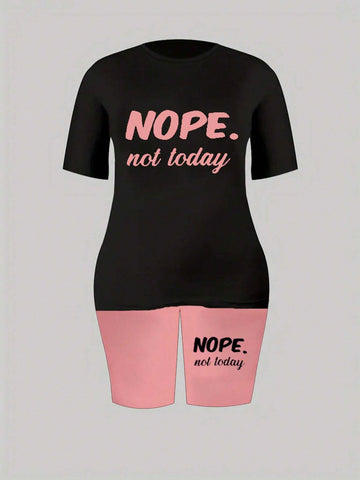 Women's Summer Slim Fit 2pcs/Set Letter Printed Round Neck Short Sleeve T-Shirt And Shorts