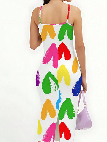 Women's Summer Slim Fit Sleeveless Love Pattern Printed Cami Dress (Random Print)