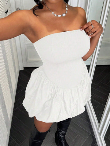 Women's Summer Solid Color Cinched Waist Peplum Hem Strapless Dress
