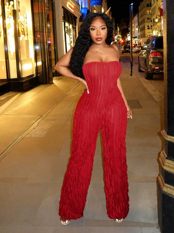 Women's Summer Solid Color Ruffle Trim Strapless Wide Leg Jumpsuit