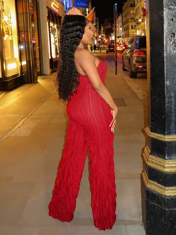 Women's Summer Solid Color Ruffle Trim Strapless Wide Leg Jumpsuit