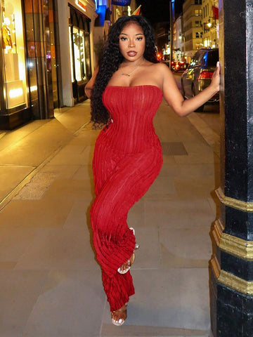 Women's Summer Solid Color Ruffle Trim Strapless Wide Leg Jumpsuit