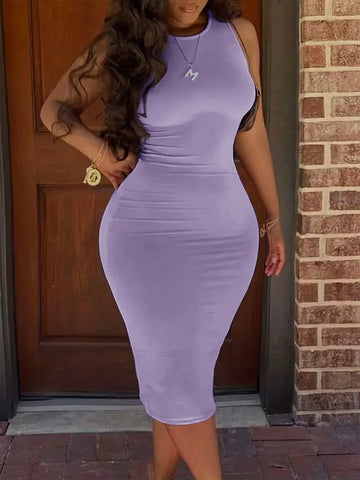Women's Summer Solid Colored Round Neck Sleeveless Bodycon Tank Dress