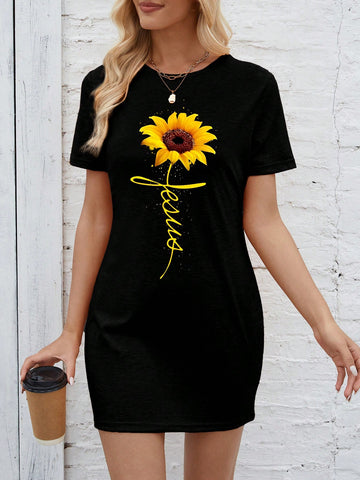 Women's Sunflower Printed Short Sleeve Dress