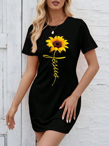 Women's Sunflower Printed Short Sleeve Dress