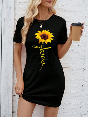 Women's Sunflower Printed Short Sleeve Dress