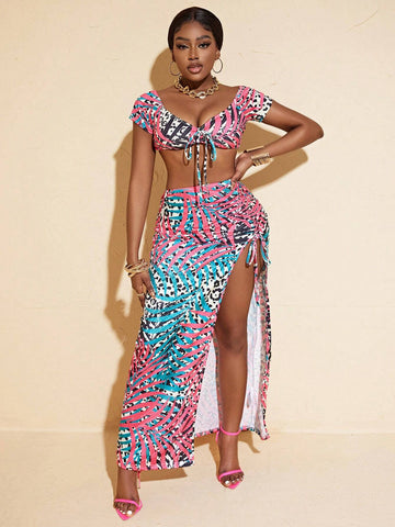 Women's Sweetheart Neckline Cropped Top & High Side Slit Skirt Tropical Print Two-Piece Set
