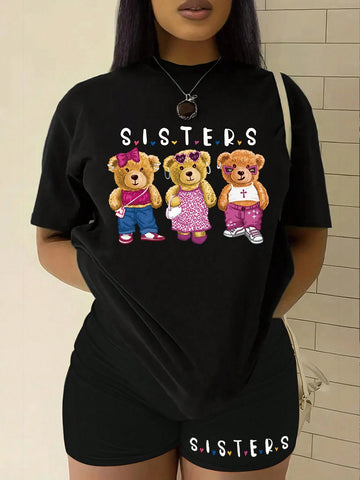 Women's Teddy Bear & Letter Print 2pcs/Set