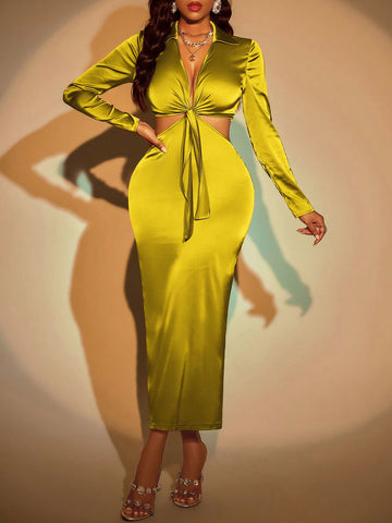 Women's Tie Front Collar Shirt And Mermaid Hem Midi Skirt Set