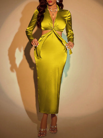 Women's Tie Front Collar Shirt And Mermaid Hem Midi Skirt Set