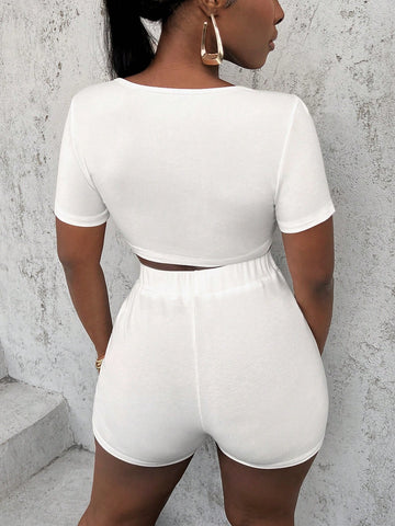 Women's Tie Front Short Sleeve Cropped Top And Shorts Bodycon Two Piece Set