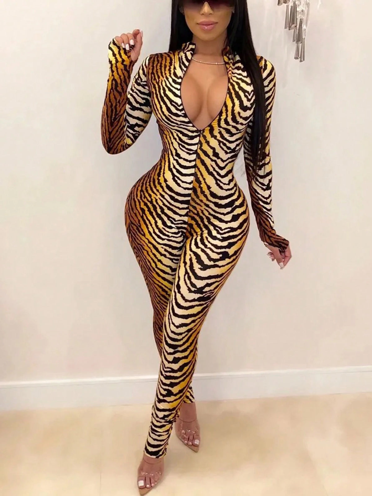 Women's Tiger Print Long Sleeve Jumpsuit