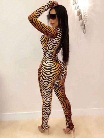 Women's Tiger Print Long Sleeve Jumpsuit