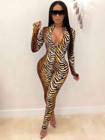Women's Tiger Print Long Sleeve Jumpsuit