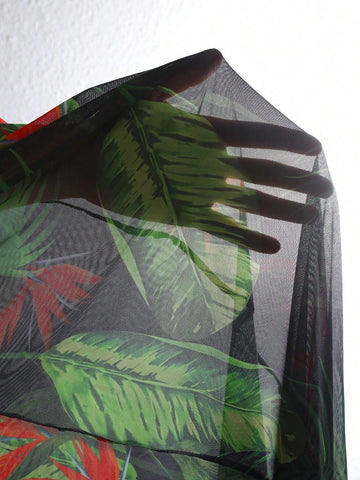 Women's Tropical Plant Print Splice Ruffle Hem Strapless Top And Mermaid Skirt Set