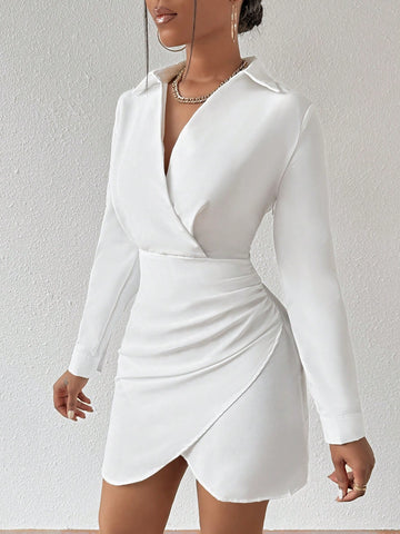 Women's Turn-Down Collar Wrap Front Hem Dress