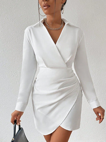 Women's Turn-Down Collar Wrap Front Hem Dress