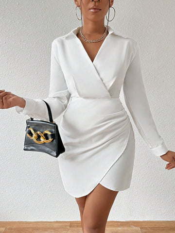 Women's Turn-Down Collar Wrap Front Hem Dress