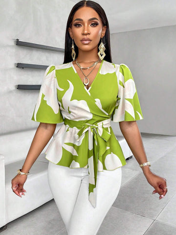 Slayr Women's V-Neck Floral Printed Blouse With Waist Cinching Detail (Random Print)