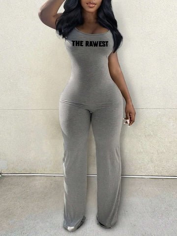 Women's Waist Cinched Letter Print Sleeveless Straight Jumpsuit