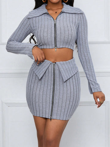 Zip-Front Ribbed Knit Cropped Top And Skirt Set