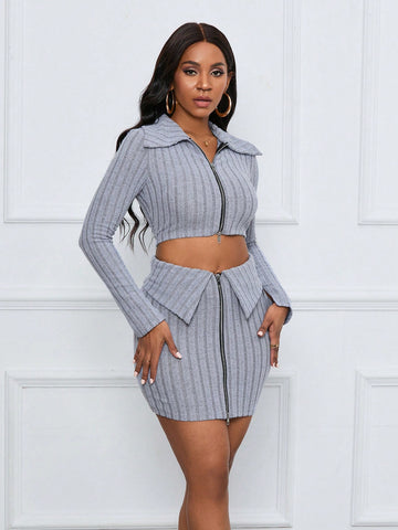 Zip-Front Ribbed Knit Cropped Top And Skirt Set