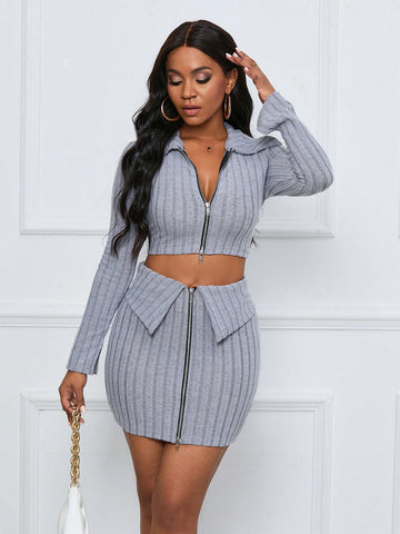 Zip-Front Ribbed Knit Cropped Top And Skirt Set