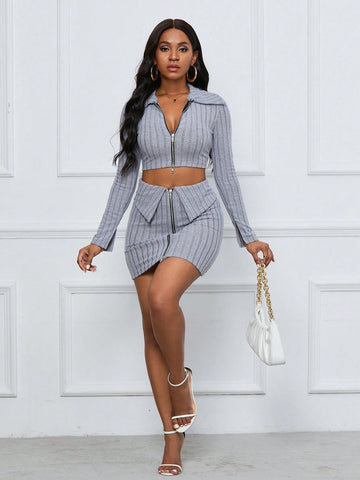 Zip-Front Ribbed Knit Cropped Top And Skirt Set