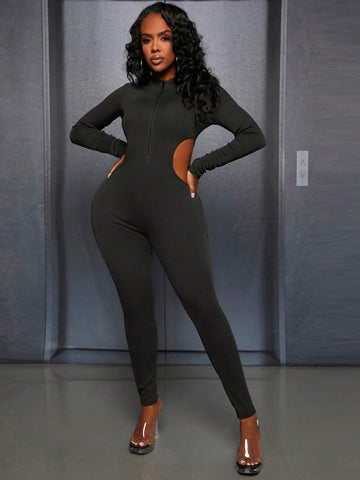 Zipper Half Placket Hollow Out Bodycon Jumpsuit With High Waist