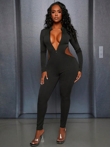 Zipper Half Placket Hollow Out Bodycon Jumpsuit With High Waist
