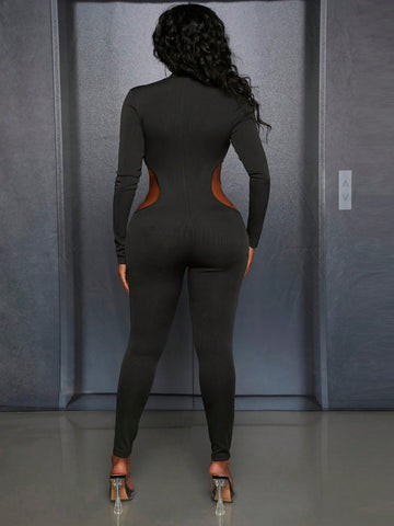 Zipper Half Placket Hollow Out Bodycon Jumpsuit With High Waist