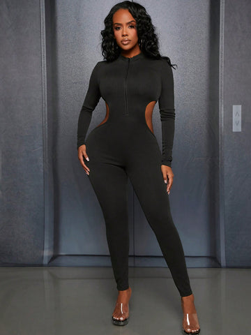 Zipper Half Placket Hollow Out Bodycon Jumpsuit With High Waist