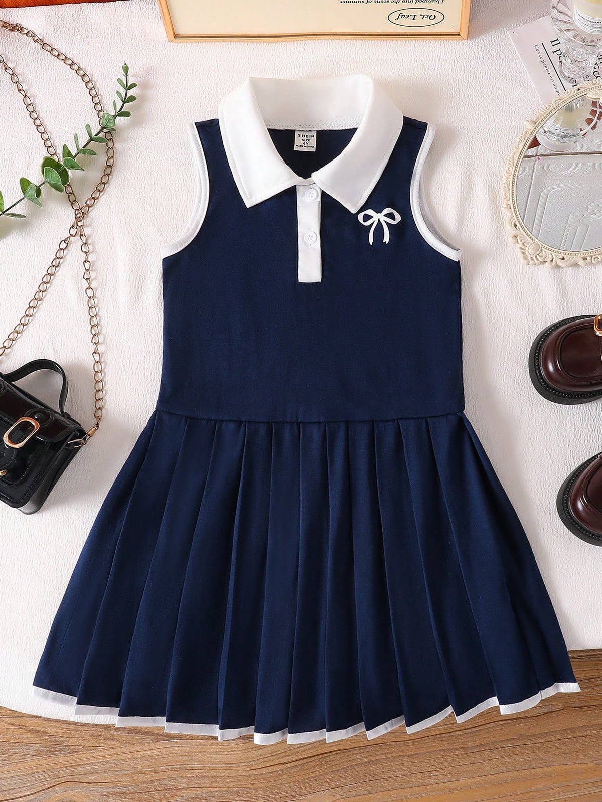 Sleeveless Ruffle Hem Contrast Color Bow Decor Young Girl Dress