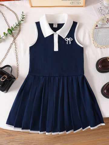 Sleeveless Ruffle Hem Contrast Color Bow Decor Young Girl Dress