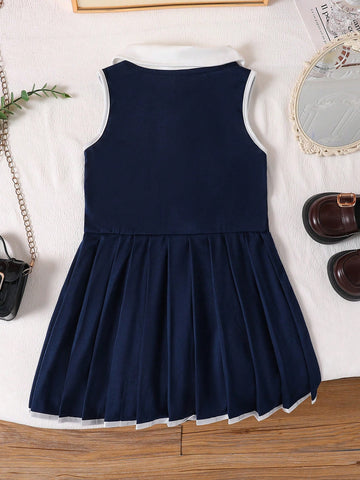 Sleeveless Ruffle Hem Contrast Color Bow Decor Young Girl Dress