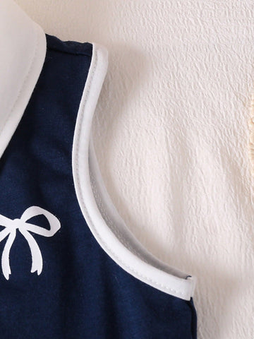 Sleeveless Ruffle Hem Contrast Color Bow Decor Young Girl Dress