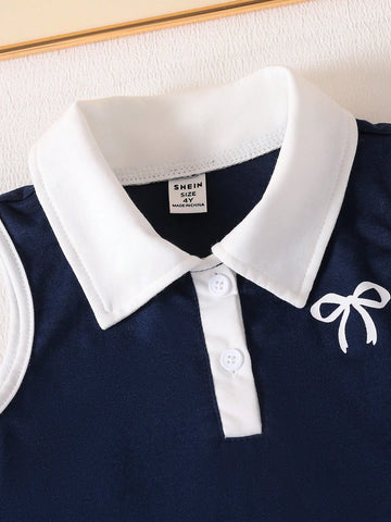 Sleeveless Ruffle Hem Contrast Color Bow Decor Young Girl Dress