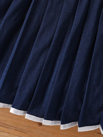 Sleeveless Ruffle Hem Contrast Color Bow Decor Young Girl Dress