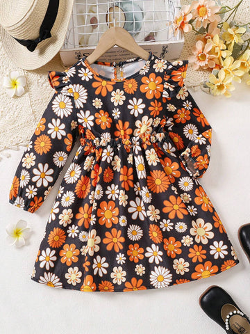 (Small)Girls Orange Floral Print Corduroy A-Line Dress, Warm And Comfortable Casual Fashion Suitable For Autumn And Winter
