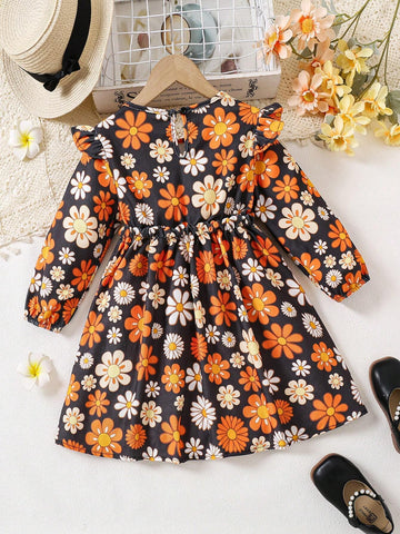 (Small)Girls Orange Floral Print Corduroy A-Line Dress, Warm And Comfortable Casual Fashion Suitable For Autumn And Winter