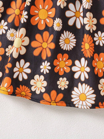 (Small)Girls Orange Floral Print Corduroy A-Line Dress, Warm And Comfortable Casual Fashion Suitable For Autumn And Winter