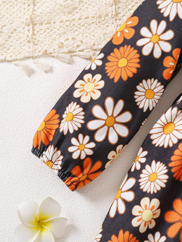 (Small)Girls Orange Floral Print Corduroy A-Line Dress, Warm And Comfortable Casual Fashion Suitable For Autumn And Winter