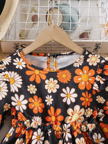 (Small)Girls Orange Floral Print Corduroy A-Line Dress, Warm And Comfortable Casual Fashion Suitable For Autumn And Winter