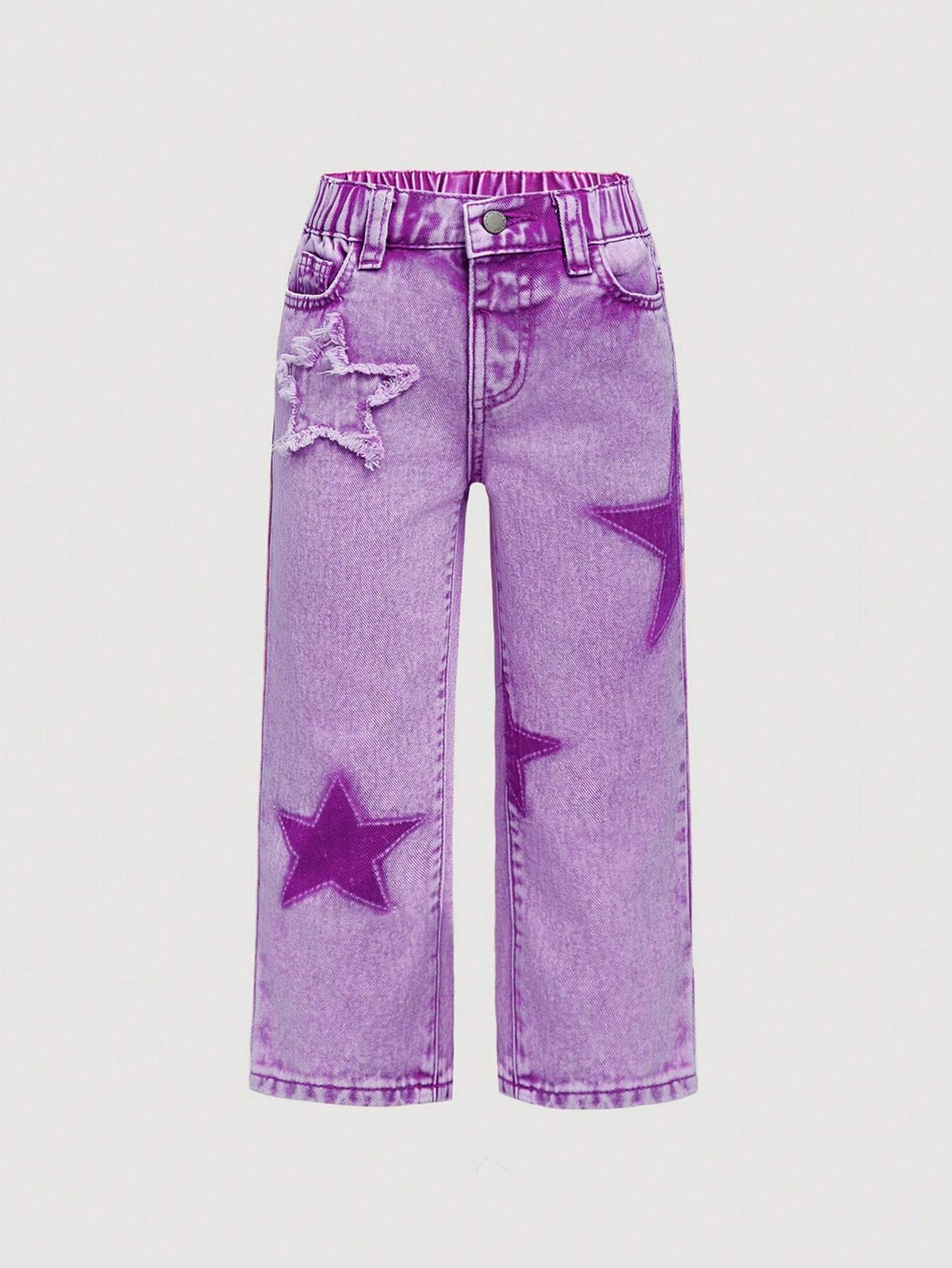 Small) Girls Cotton Washed Denim Jeans With Star Pattern, Casual Outdoor Fashion