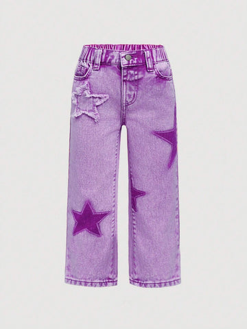 Small) Girls Cotton Washed Denim Jeans With Star Pattern, Casual Outdoor Fashion