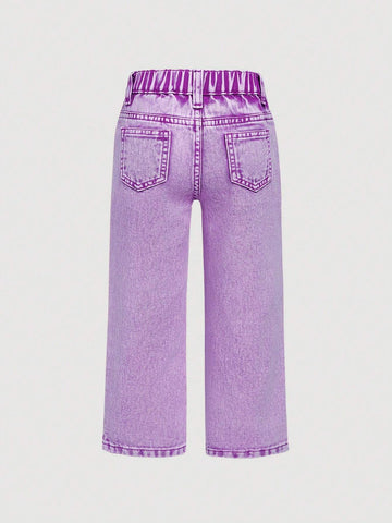 Small) Girls Cotton Washed Denim Jeans With Star Pattern, Casual Outdoor Fashion