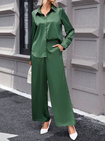 Button Front Shirt & Wide Leg Pants
