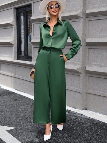 Button Front Shirt & Wide Leg Pants